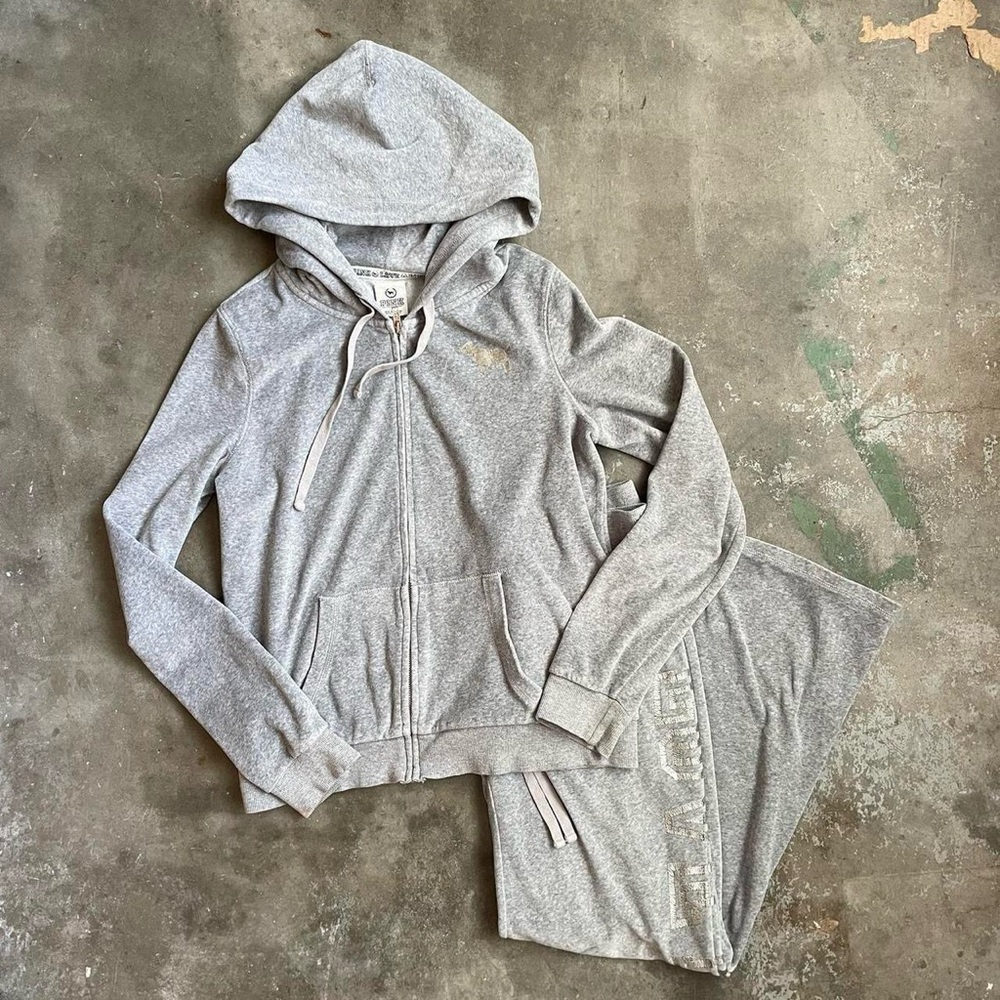 Y2K Victoria's Secret Pink Flare Sweatpants and Hoodie Grey LOVE PINK letters